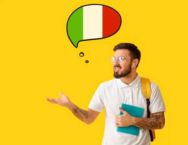 Tattooed Male Student Speech Bubble Yellow Background Studying Italian Language — 스톡 사진