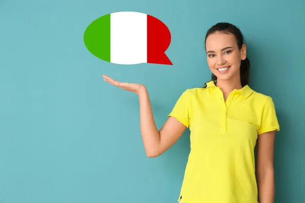 Pretty Young Woman Speech Bubble Blue Background Studying Italian Language — Foto de Stock