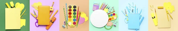 Set School Stationery Colorful Background Top View — Stock fotografie