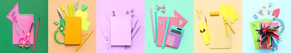 Set School Stationery Colorful Background Top View — 图库照片