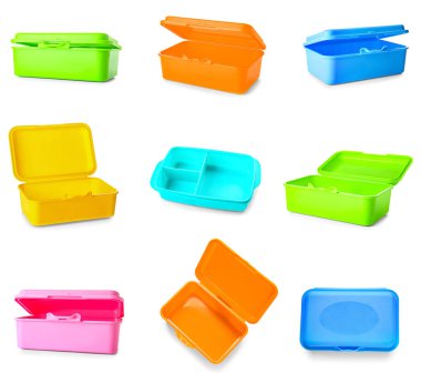Set of plastic lunch boxes on white background