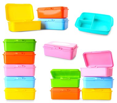 Set of plastic lunch boxes on white background