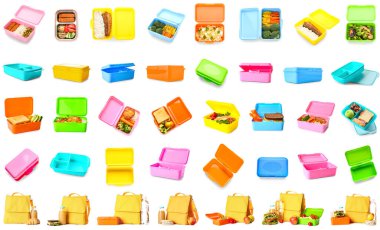 Beslenme çantaları ve beyaz arka planda lezzetli yiyeceklerle dolu çantalar.