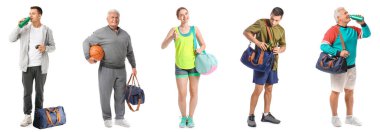 Set of people with sports bags on white background
