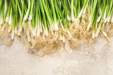 Açık arkaplanda bir sürü taze soğan, yakın plan