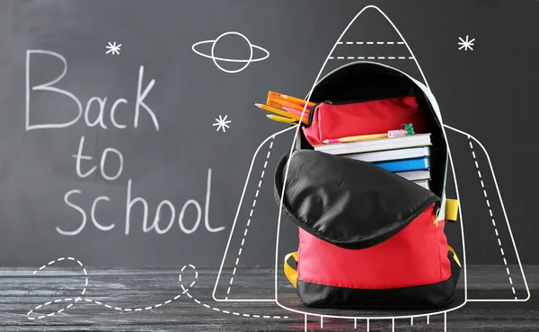 Drawn Rocket Backpack Stationery Blackboard Text Back School — Stockfoto