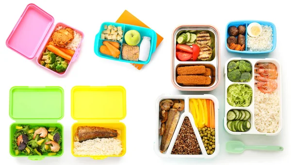Set Lunch Boxes Tasty Food White Background Top View — Photo