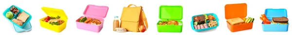 Set Lunch Boxes Tasty Food White Background — Stock Photo, Image