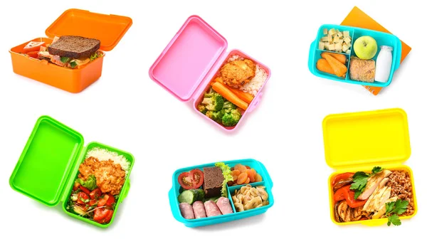 Zestaw Pudełek Lunch Smacznym Jedzeniem Białym Tle — Zdjęcie stockowe