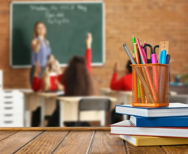 Different School Supplies Wooden Table Classroom — Stock Photo, Image