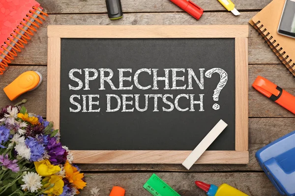 Chalkboard Text Sprechen Sie Deutsch You Speak German Stationery Wooden — Stock fotografie