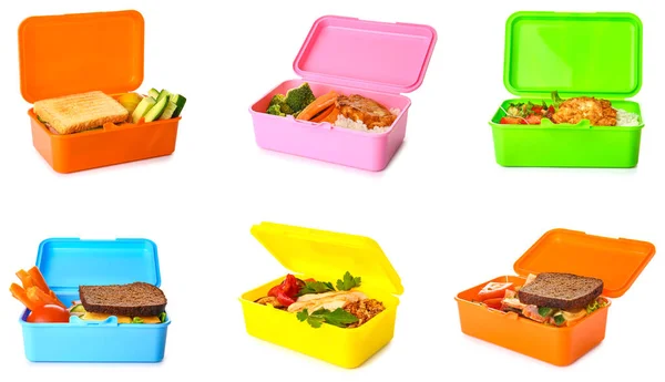 Set Lunchboxen Mit Leckerem Essen Auf Weißem Hintergrund — Stockfoto