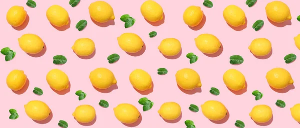 Many Ripe Lemons Mint Leaves Pink Background Pattern Design — ストック写真