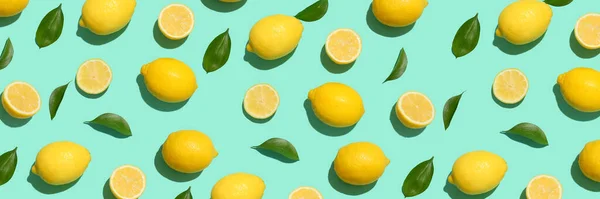 Many Ripe Lemons Leaves Turquoise Background Pattern Design — Stockfoto