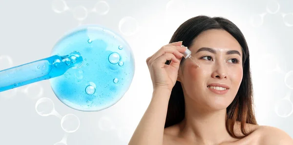 Collage of beautiful Asian woman and dropper with sample of cosmetic serum on light background
