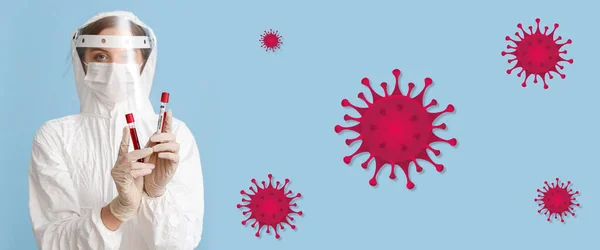 Scientist with samples of monkeypox virus on blue background. Banner for design