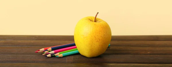 Apple Pencils Table Yellow Background — 스톡 사진