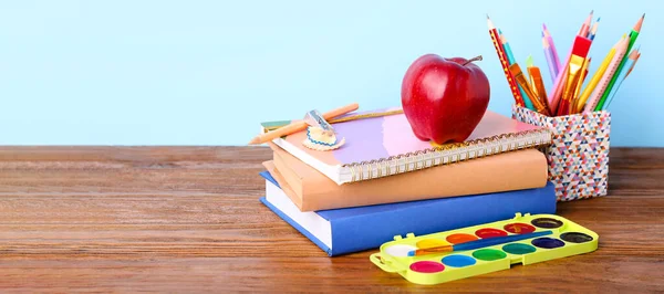 School Stationery Apple Table Blue Background — 스톡 사진