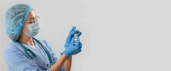 Female Doctor Holding Monkeypox Vaccine Light Background Space Text — ストック写真