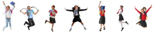 Collage Jumping Little School Girls White Background — Photo