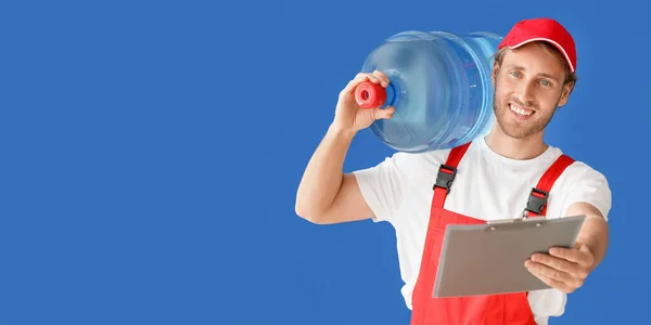 Delivery Man Bottle Water Clipboard Blue Background Space Text — 스톡 사진