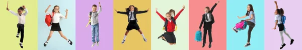 Collage Jumping Little School Children Color Background — Fotografia de Stock