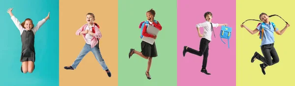 Set Jumping Little School Children Color Background — Photo