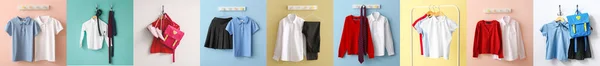 Set Stylish School Uniform Hanging Color Background — Fotografia de Stock