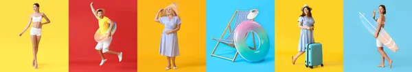 Collage Verano Con Diferentes Personas Anillos Inflables Tabla Surf Maleta —  Fotos de Stock
