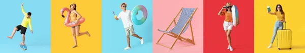 Summer Collage Young People Inflatable Rings Surfboard Suitcase Deck Chair — Stock fotografie