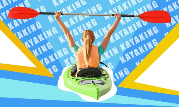 Collage Con Kayak Mujer Joven Vista Trasera — Foto de Stock