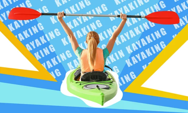 Collage Kayaking Young Woman Back View — Fotografia de Stock