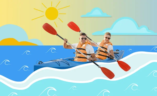 Collage Young Couple Kayaking River — Stockfoto