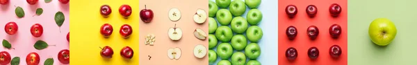 Collage Con Muchas Manzanas Maduras Sobre Fondo Colorido —  Fotos de Stock