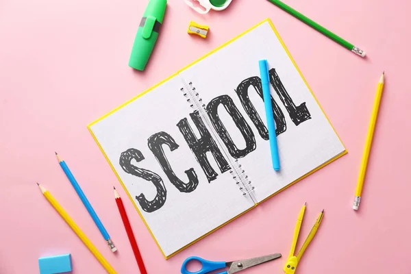 Open Notebook Written Word School Stationery Pink Background — Fotografia de Stock
