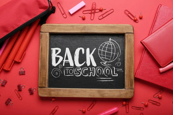 Set Supplies Chalkboard Written Text Back School Red Background — Zdjęcie stockowe