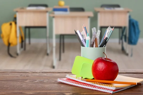 School Supplies Apple Wooden Desk Classroom — Stock Photo, Image