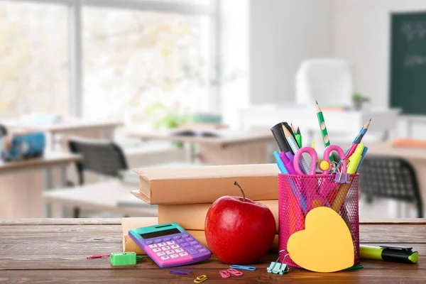 School Stationery Apple Wooden Table Classroom — Stock Photo, Image