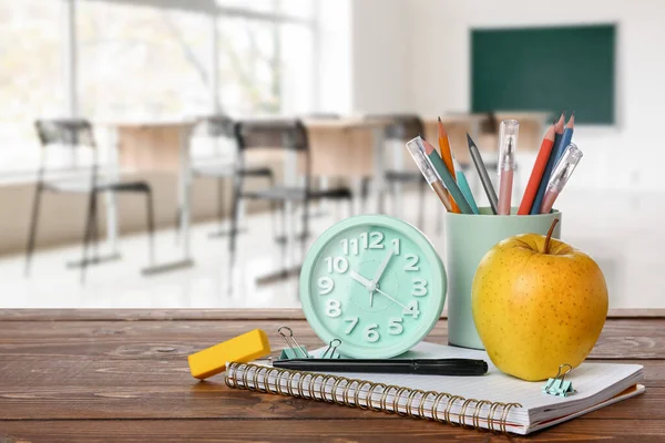 School Stationery Apple Alarm Clock Wooden Table Classroom — Stock Photo, Image