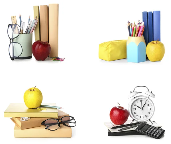 Set School Stationery Apples Isolated White — Photo