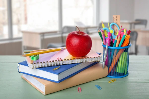 Books School Supplies Red Apple Table Classroom — Stock Photo, Image