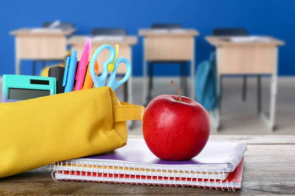 Set School Supplies Apple Table Classroom — Stock Photo, Image