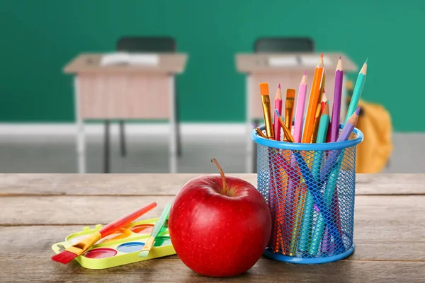 Set School Supplies Apple Wooden Table Classroom — Stock Photo, Image