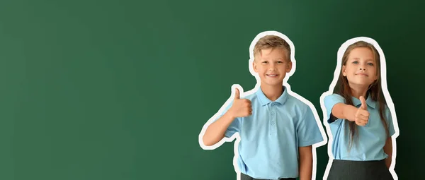 Little Schoolchildren Showing Thumb Green Background Space Text — ストック写真
