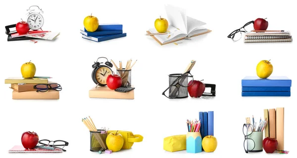 Set School Stationery Apples Isolated White — 스톡 사진