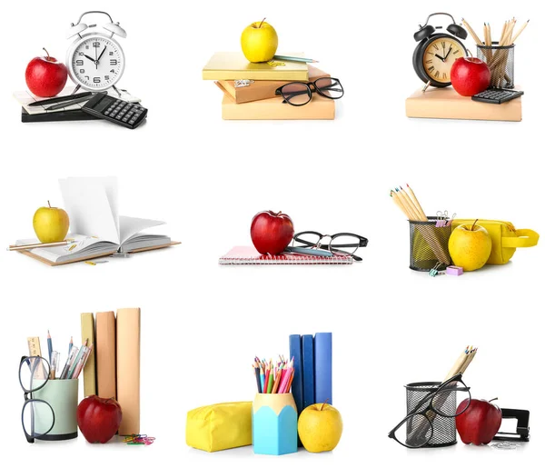 Set Different School Stationery Apples Isolated White — Stok fotoğraf