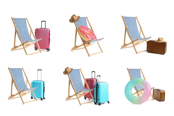 Set Deck Chairs Luggage Beach Accessories Isolated White — Stock Photo, Image