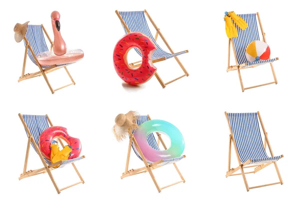 Ensemble Chaises Longues Accessoires Plage Isolés Sur Blanc — Photo