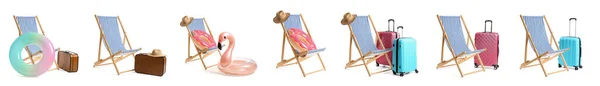 Set Deck Chairs Luggage Beach Accessories Isolated White — Stockfoto