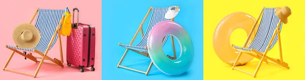 Set Deck Chairs Beach Accessories Colorful Background — Fotografia de Stock